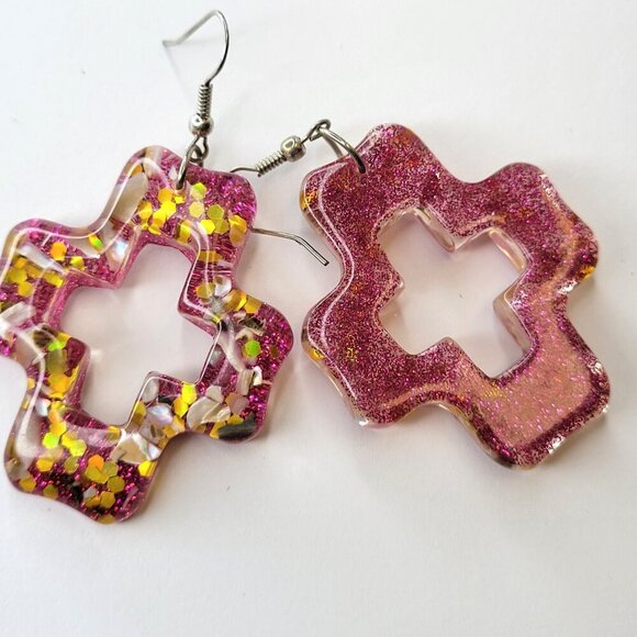 Sparkly Pink Earrings Geometric Shape Earrings or Cross Shape Earrings - Picture 2 of 7